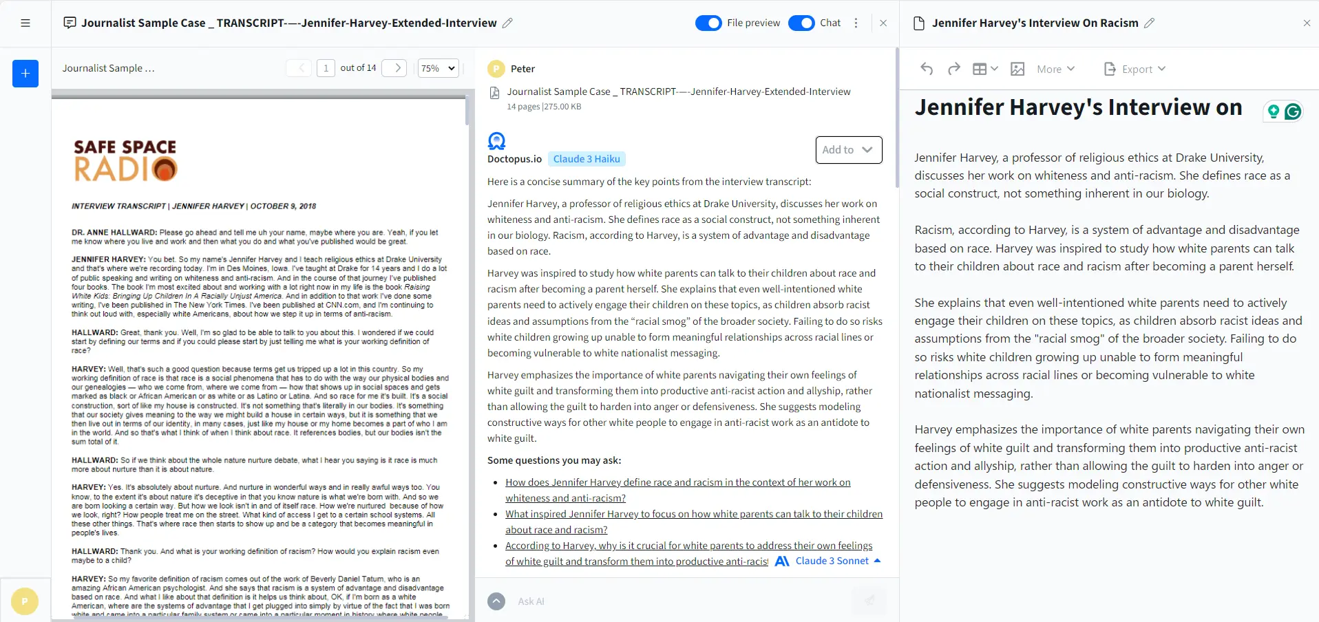 Combine document analysis and text editor